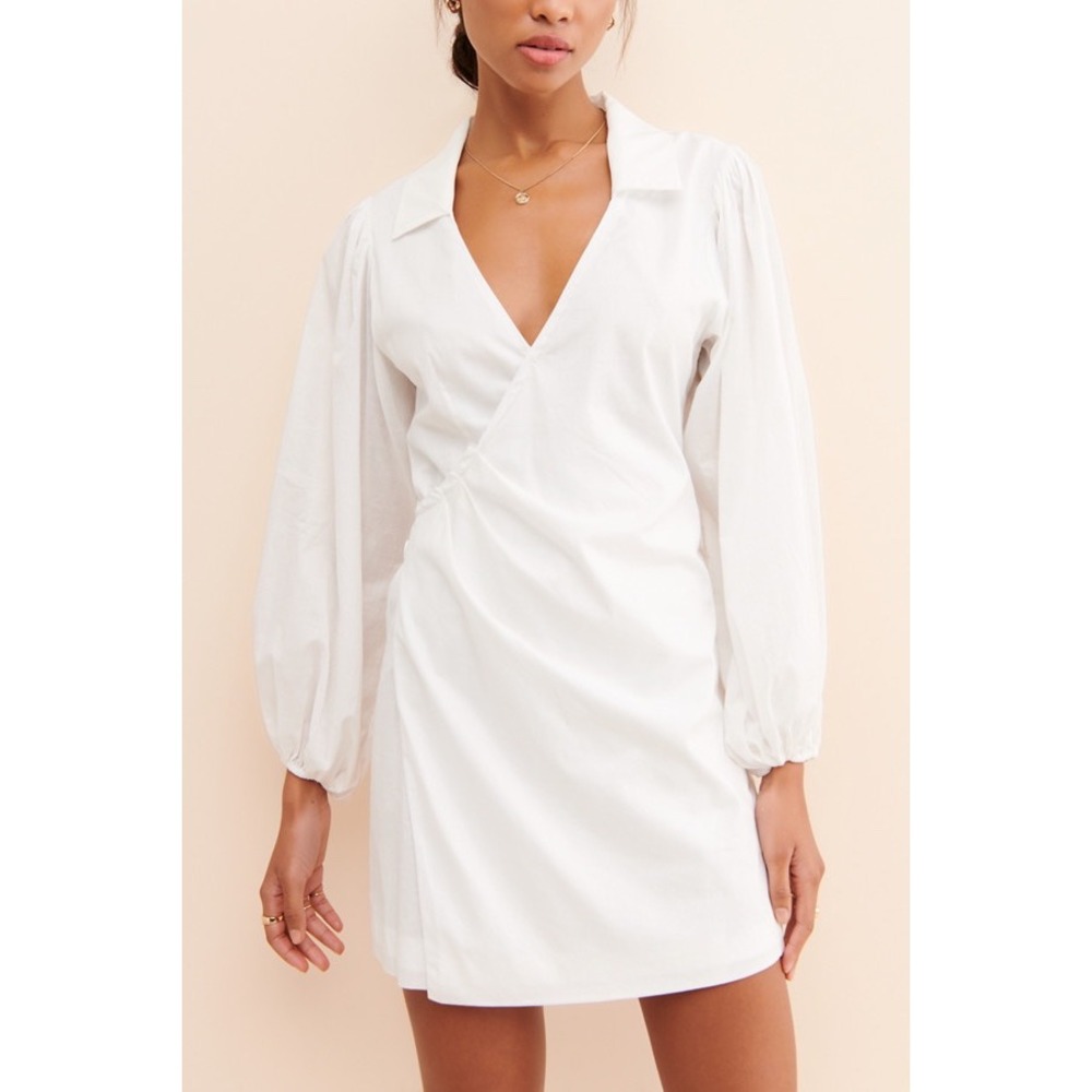 Steele Ciper White Cotton Wrap Mini Dress Long Sleeve Smocked Back Size M